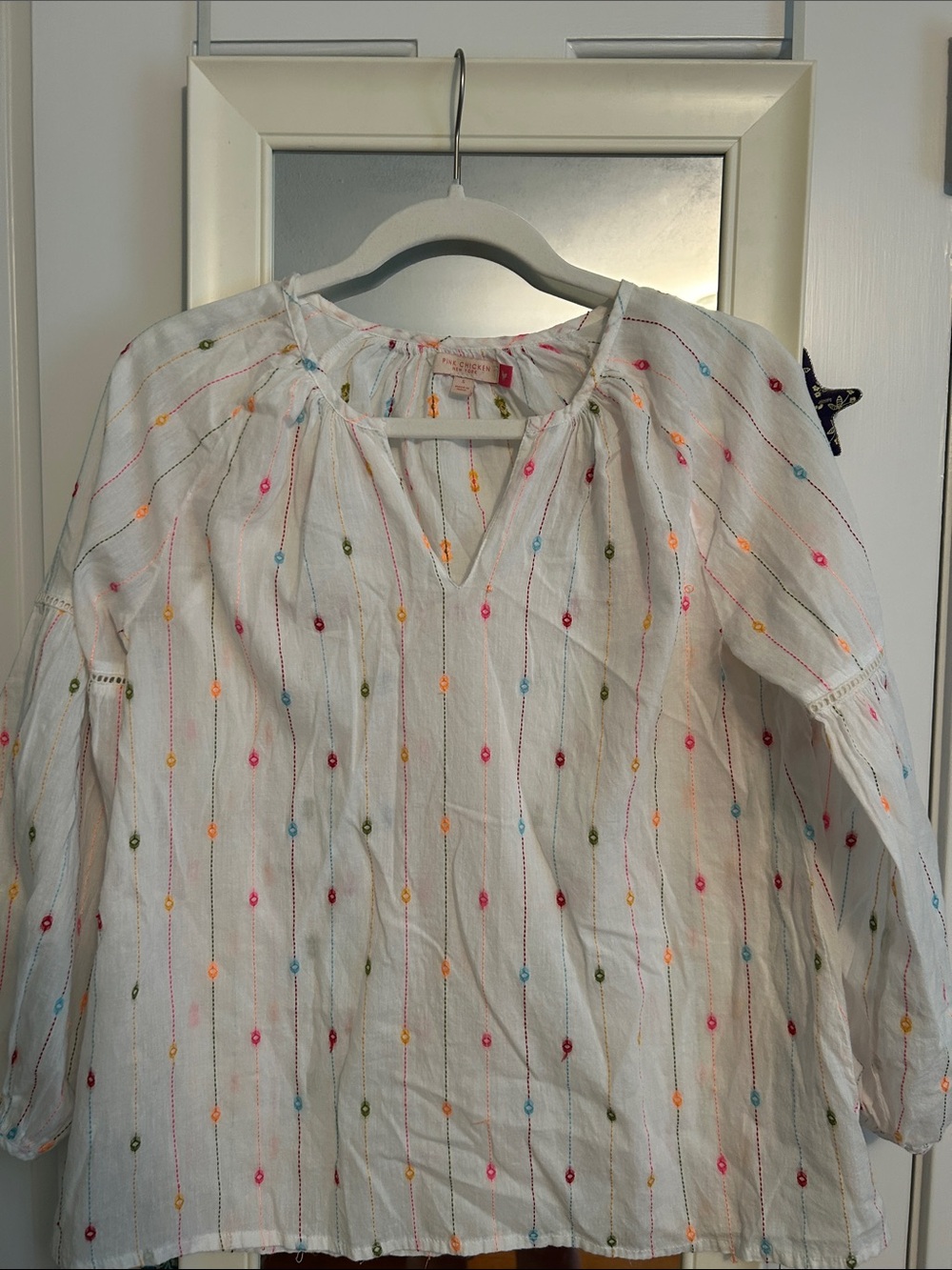 Pink Chicken White Cotton Peasant Top with Multicolor Embroidery S